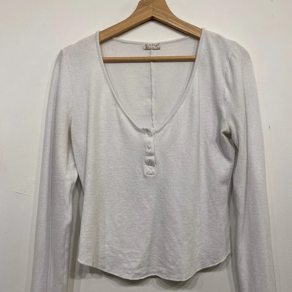 Free People‎ Keep It Basic Layering Top White Ribbed Henley Long Sleeve Medium